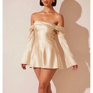 Meshki Giselle Off The Shoulder Satin Mini Dress